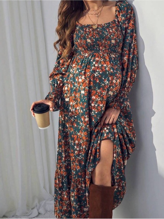 SHEIN Dresses & Skirts - Floral Smocked Maternity Maxi Dress in Teal and Rust